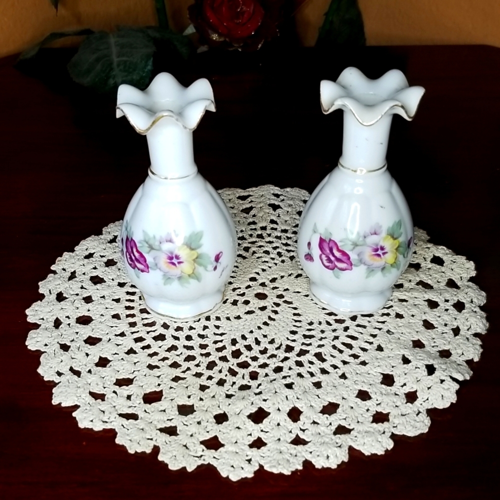 ⚜️🌺 Pair of Vintage Porcelain Hand Painted Floral Vases, Perfume Bottles